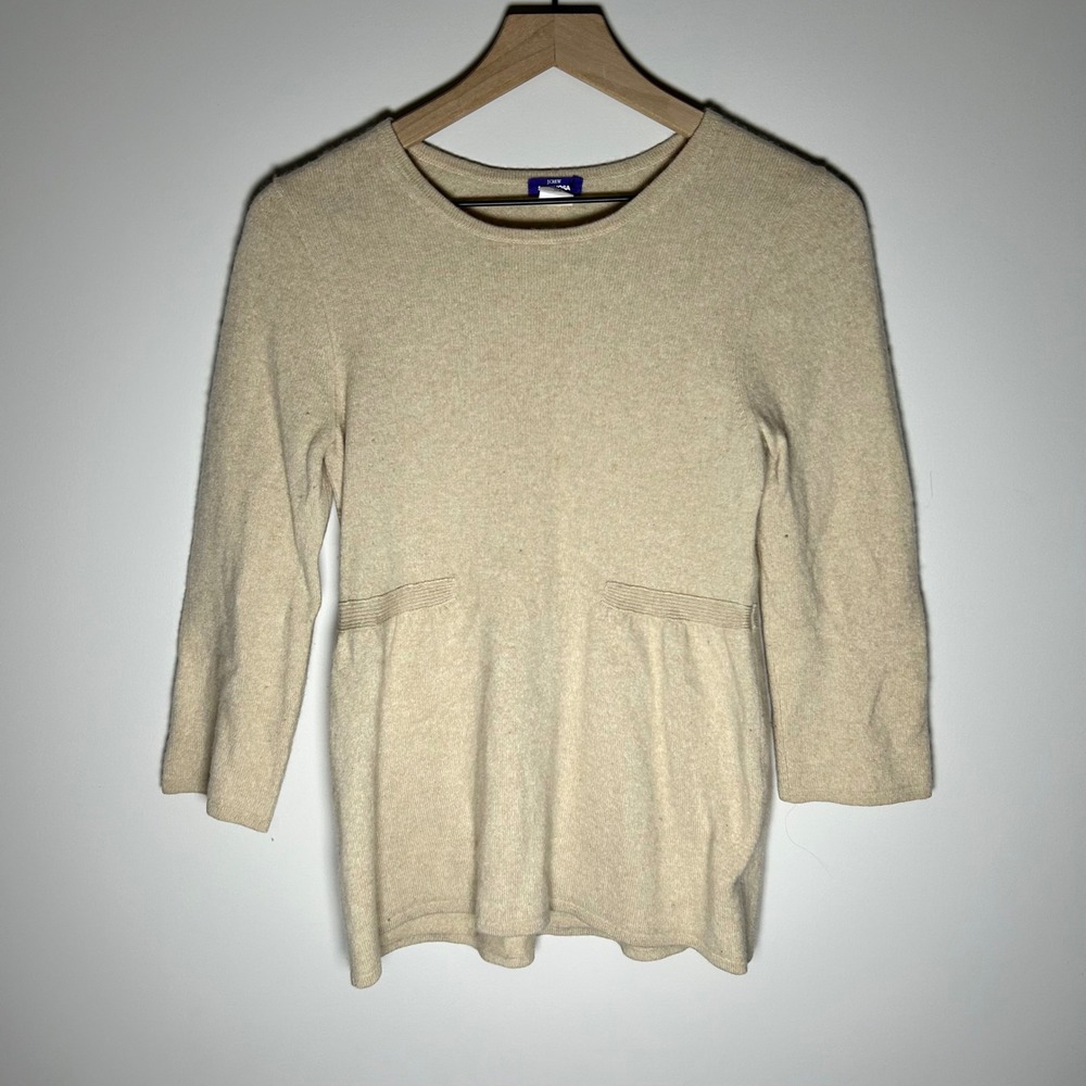 J Crew Cashmere Sontuosa Sweater Women Medium Beige Empire Peplum 3/4 Sleeve
